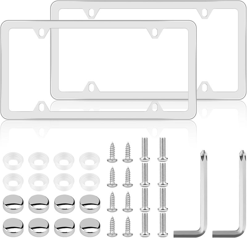 Abvsdu Chrome License Plate Frame Made of Zinc Alloy Metal, Universal Car Accessories,1 Pack License Plate Holder Never Rust and Unbreakable with Metal Screws& Chrome Caps and Screwdriver (2 PCS Silver) - Image 1